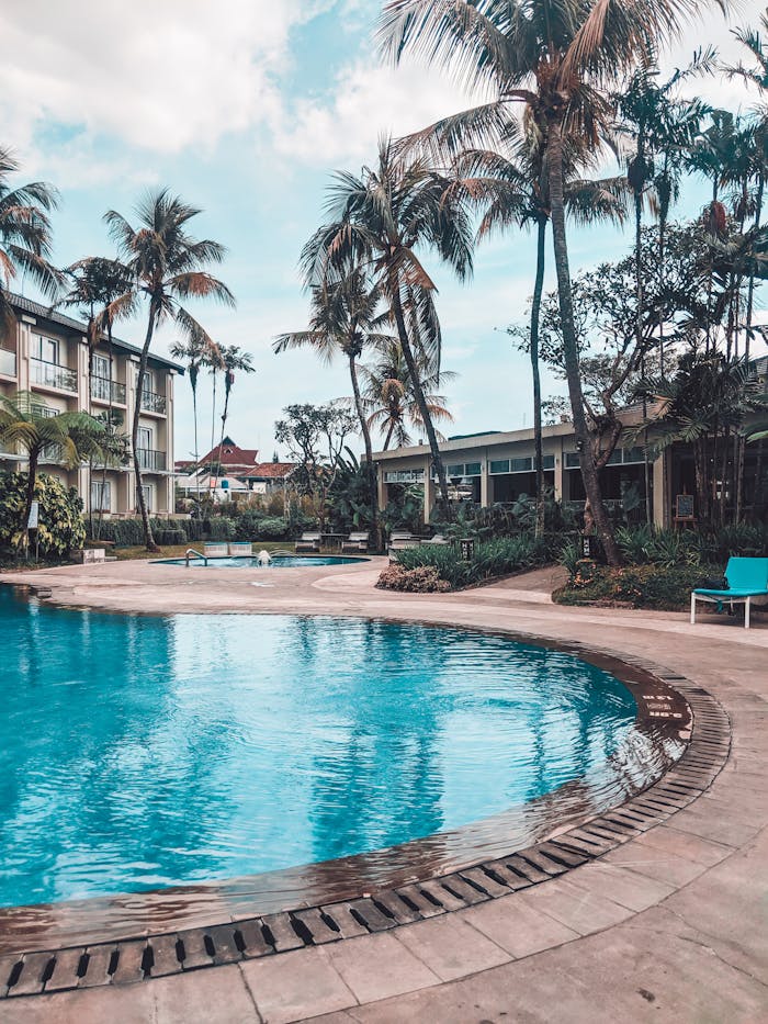 Home Explore a tranquil tropical resort with palm trees and a serene poolside atmosphere.